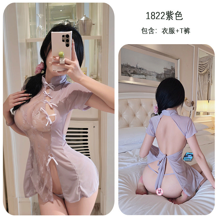 【A-1822】性感情趣內衣性感蕾絲制服網紗女透視古典刺繡旗袍套裝女睡衣睡裙