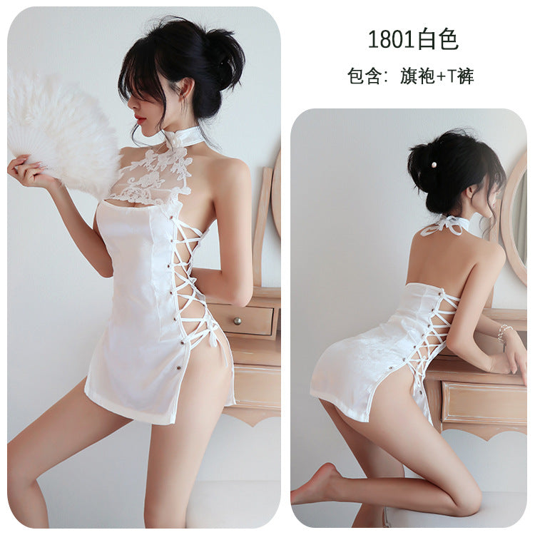 【A-1801】性感內衣情趣內衣性感復古透視鏤空綁帶蕾絲旗袍制服誘惑女睡衣睡裙
