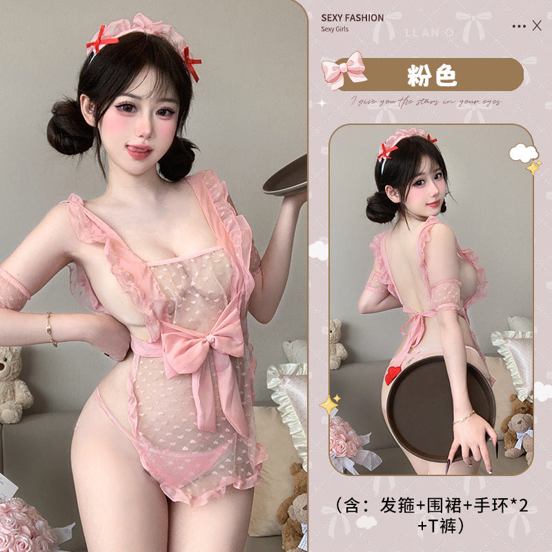 BT8574-情趣內衣波點蕾絲吊帶女僕制服誘惑免脫薄款透視女傭露背套裝女睡衣睡裙