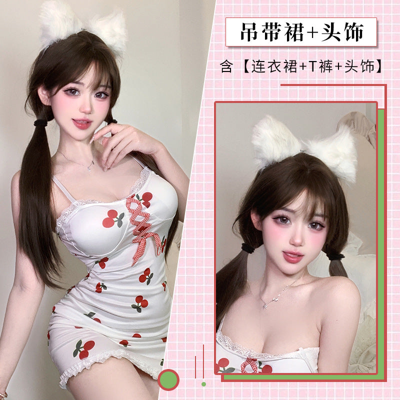 BS8591-性感情趣內衣純欲蕾絲柔紗透視可愛甜美櫻桃綁帶睡裙短裙套裝女睡衣