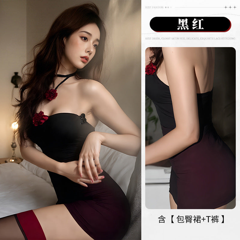 BT8586-夜店純欲風性感情趣內衣氣質包臀顯瘦花朵掛脖網紗連衣裙女睡衣睡裙