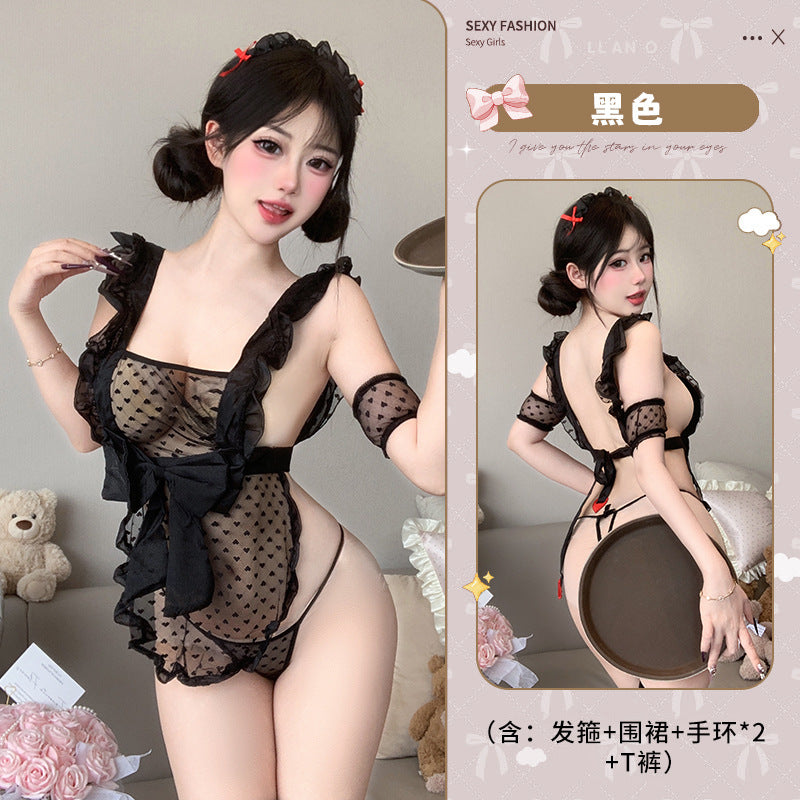BT8574-情趣內衣波點蕾絲吊帶女僕制服誘惑免脫薄款透視女傭露背套裝女睡衣睡裙