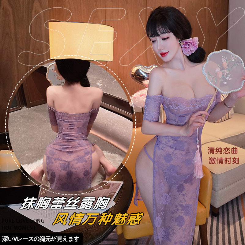 【A-1823】性感情趣內衣蕾絲紫色連衣裙純欲睡衣y旗袍套裝女睡衣睡裙