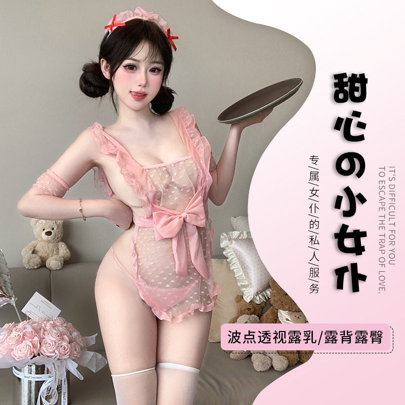 BT8574-情趣內衣波點蕾絲吊帶女僕制服誘惑免脫薄款透視女傭露背套裝女睡衣睡裙