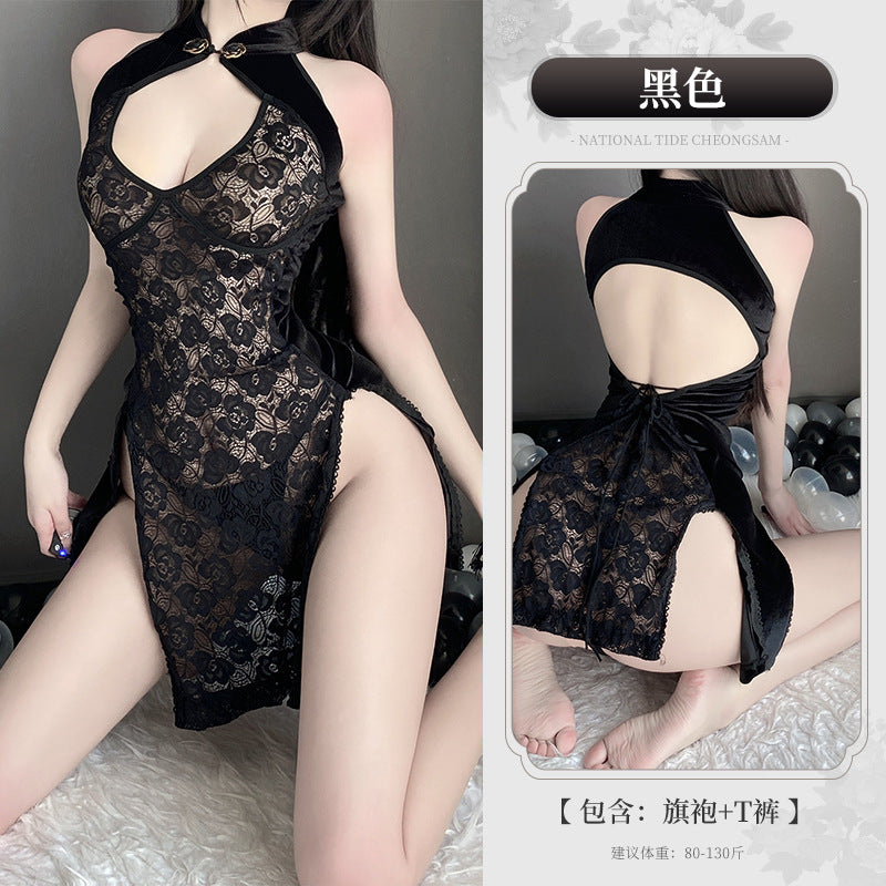 BT8217-性感內衣小胸蕾絲鏤空開衩旗袍情趣內衣女古風女睡衣套裝睡裙