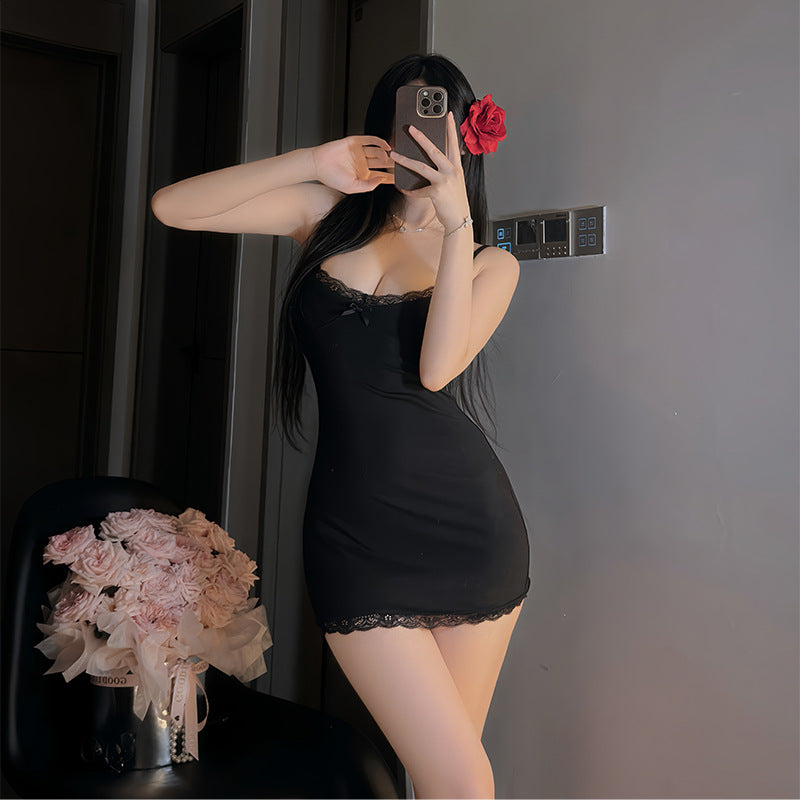 BS2106-性感內衣純欲辣妹蕾絲花邊女睡裙情趣內衣性感深v露胸包臀制服睡衣套裝睡裙
