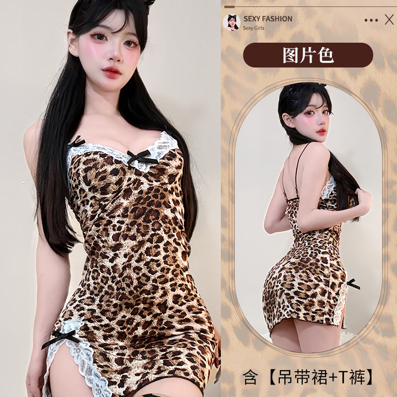 BT8375-性感豹紋情趣內衣女睡裙開衩露胸純欲蕾絲睡衣免脫套裝女睡衣睡裙