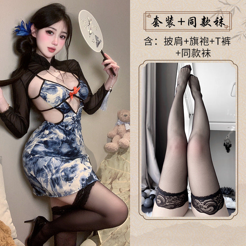 BT2904-性感情趣內衣純欲小胸裸背露溝透紗誘惑復古旗袍制服免脫套裝女睡衣睡裙