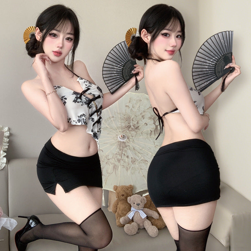 BT8434-情趣內衣國潮復古風性感掛脖肚兜火辣包臀裙旗袍制服套裝女睡衣睡裙
