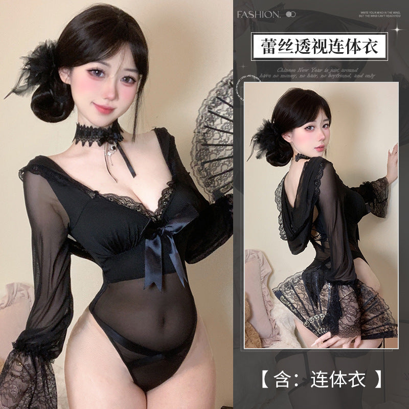 BS2874-純欲蕾絲點綴薄紗連體衣套裝情趣內衣性感露胸透視誘惑女睡衣睡裙