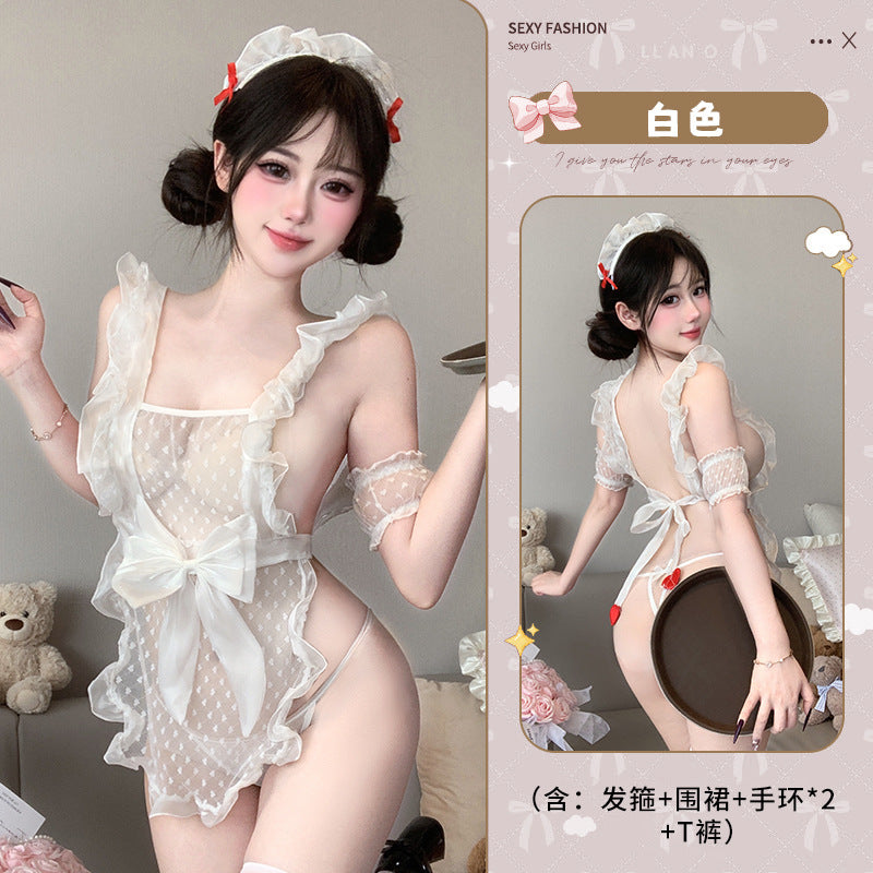 BT8574-情趣內衣波點蕾絲吊帶女僕制服誘惑免脫薄款透視女傭露背套裝女睡衣睡裙