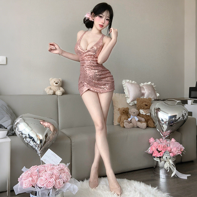 BT8431-情趣內衣性感深V火辣制服誘惑純欲免脫亮片網紅夜店風吊帶裙女睡衣睡裙