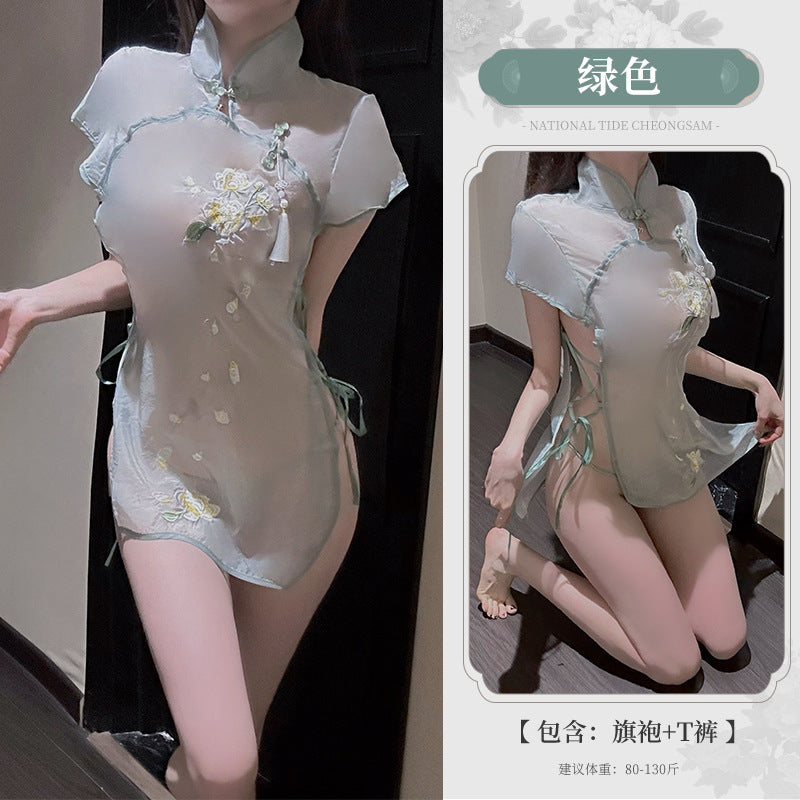 BT8565-性感內衣情趣制服火辣透視古典立領情趣旗袍復古刺繡開叉套裝睡衣