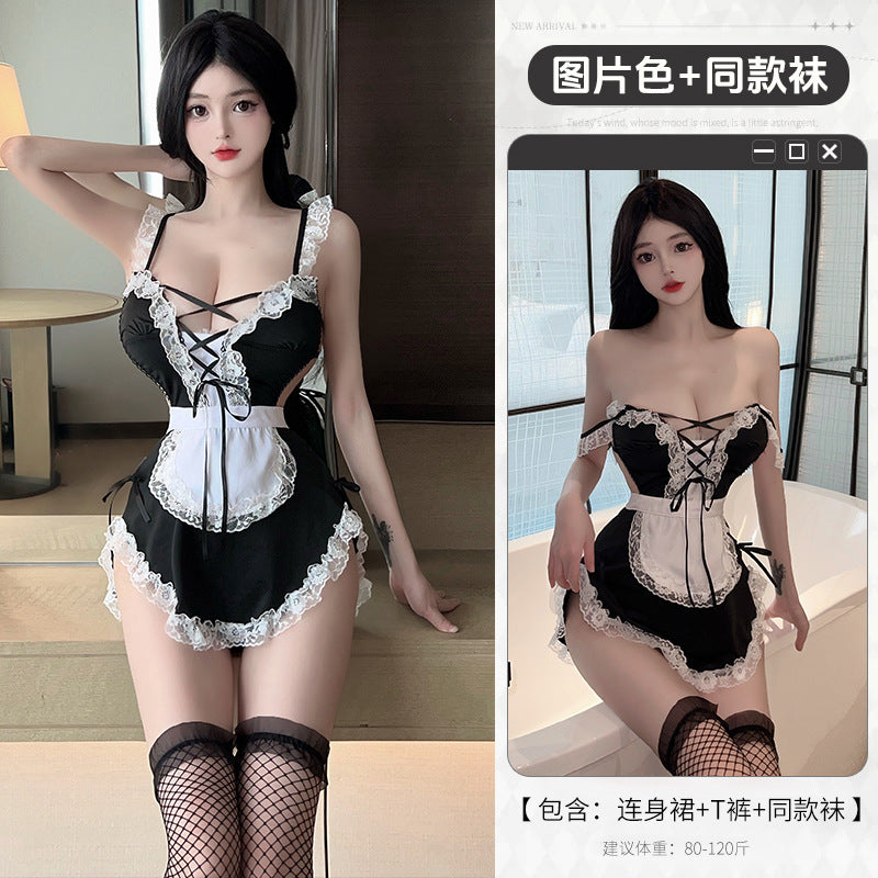 BT8410-性感內衣情趣內衣女深V誘惑蕾絲女僕綁帶露背女傭角色扮演裝女睡裙