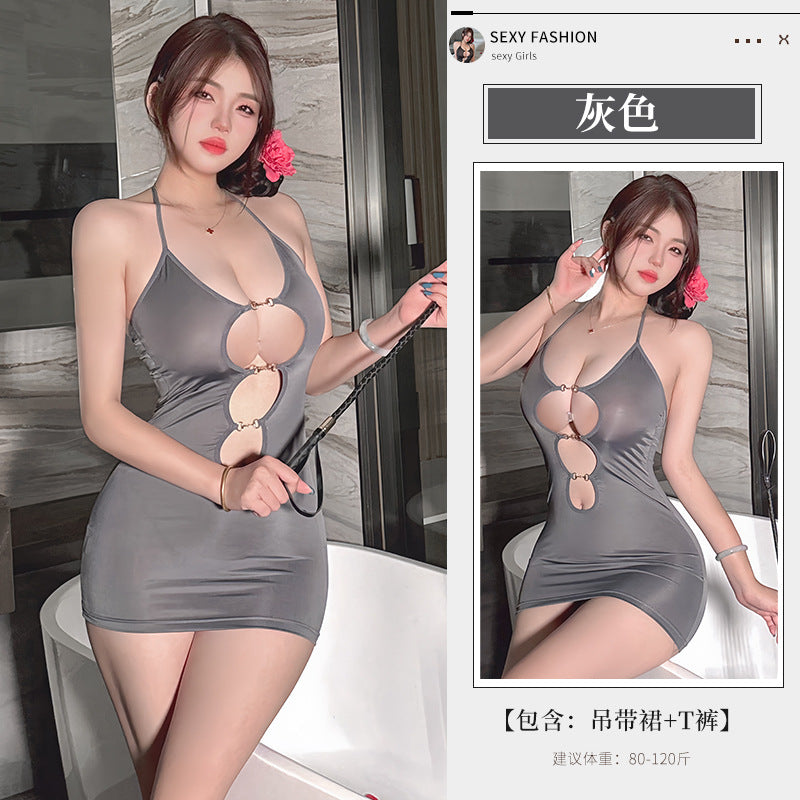 BS8556-性感內衣情趣內衣女純欲短裙誘惑豹紋掛脖吊帶連體免脫女睡衣睡裙