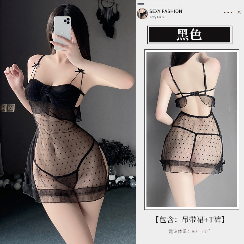 BS8231-性感內衣情趣內衣網紗透視波點蕾絲辣妹吊帶蝴蝶結吊帶包臀睡裙女睡衣