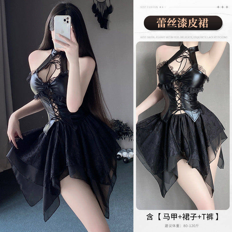 BS2810-性感內衣情趣內衣女熱辣漆皮性感露溝裸背純欲連衣裙床上激情套裝睡裙睡衣