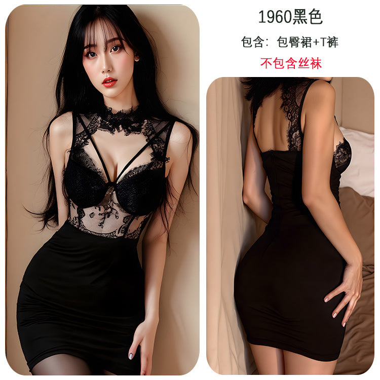 【A-1960】性感情趣內衣性感火辣蕾絲鏤空包臀裙女黑色辣妹夜店制服女睡衣睡裙