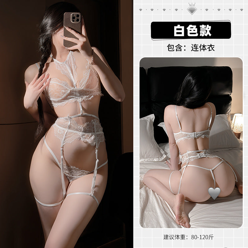 BS2111-性感情趣內衣純欲蕾絲純欲鏤空綁帶睡衣紫色收腰制服免脫套裝