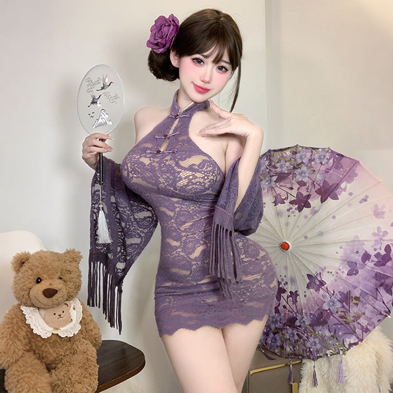 BS8250-性感欲風掛脖盤扣蕾絲免脫包臀裙蘇披肩上衣兩件套女睡衣睡裙