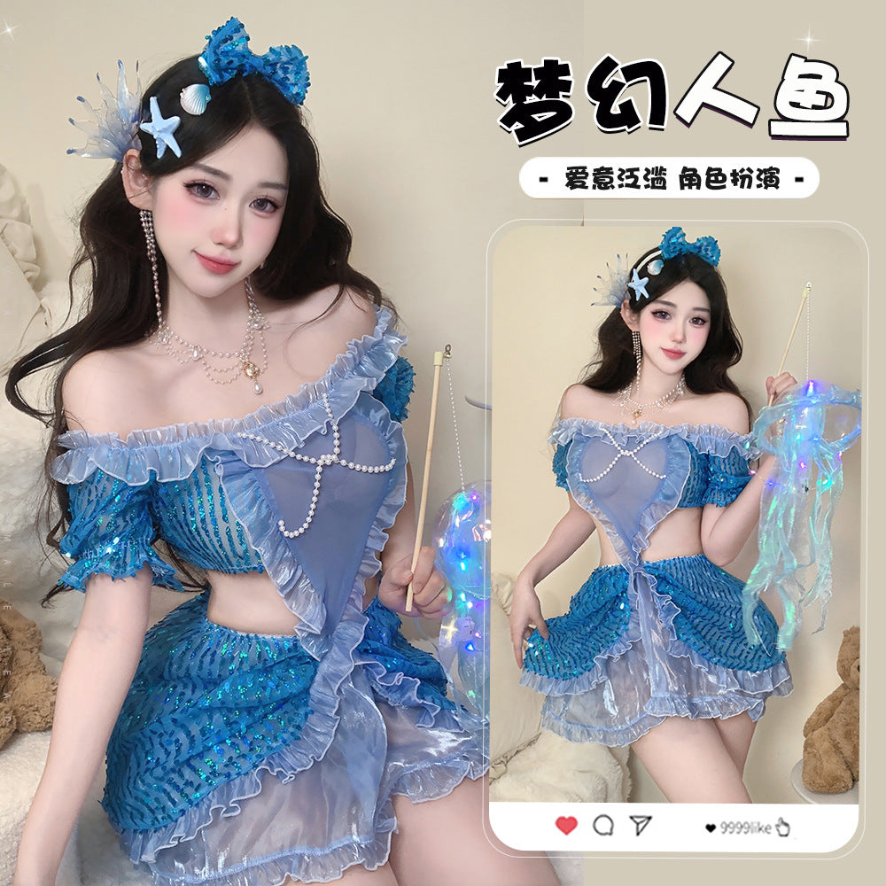 BS2665-性感情趣內衣女一字肩透視COS夢幻美人魚純欲免脫套裝角色扮演女睡衣睡裙