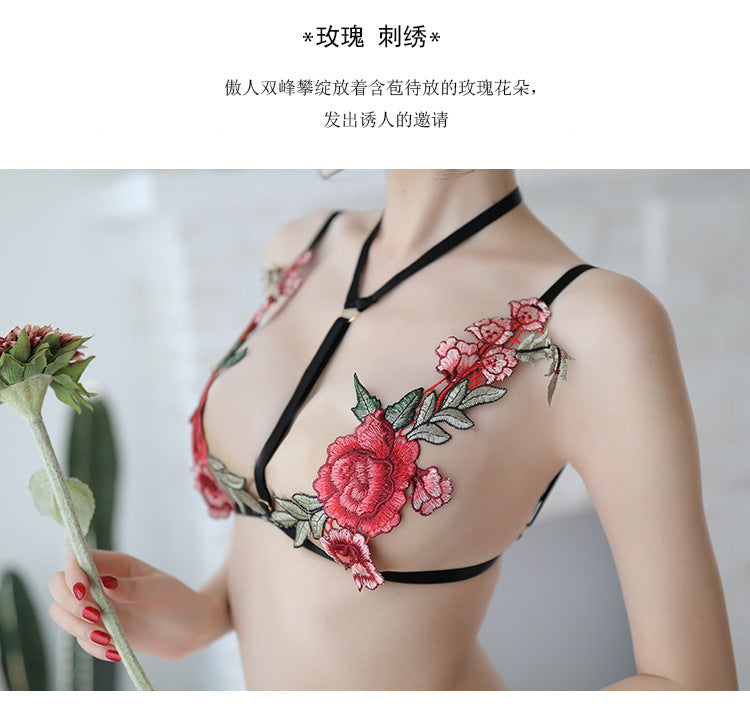 【A-1372】情趣內衣性感睡衣透明玫瑰文胸內褲刺繡三點內衣套裝