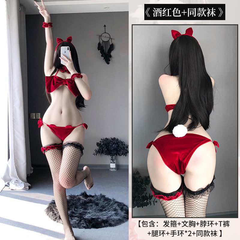 BT2431-情趣內衣制服誘惑金絲絨蝴蝶結抹胸性感俏皮兔女郎套裝