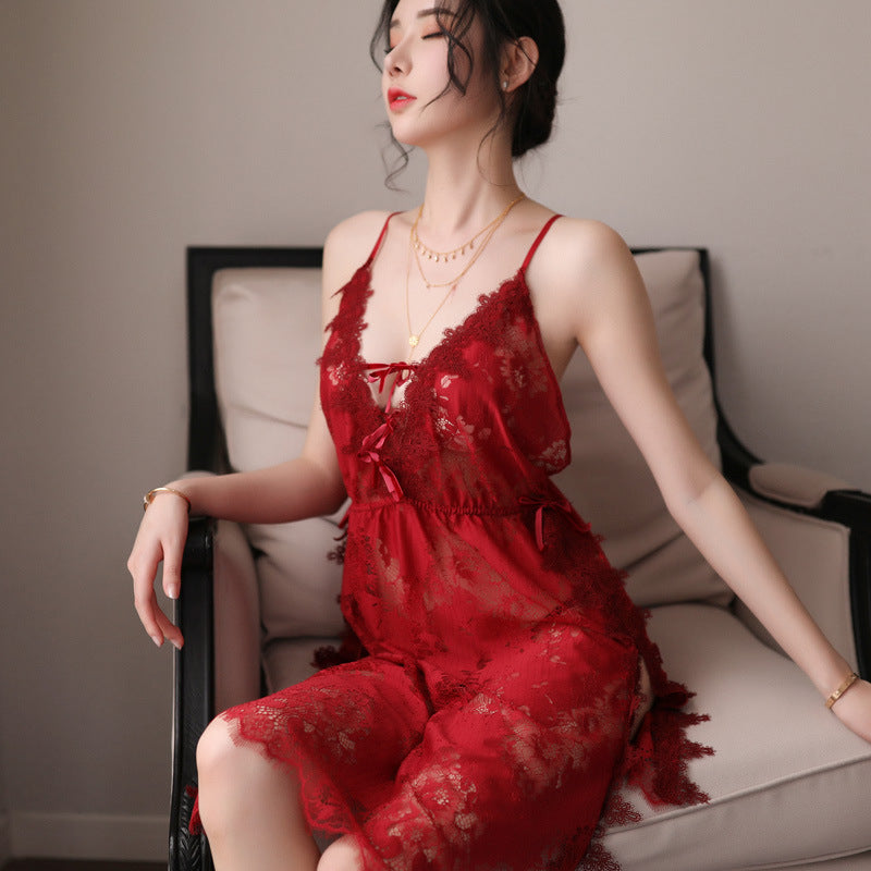 【A-1365】情趣內衣蕾絲誘惑性感內衣側開叉吊帶睡裙女透明