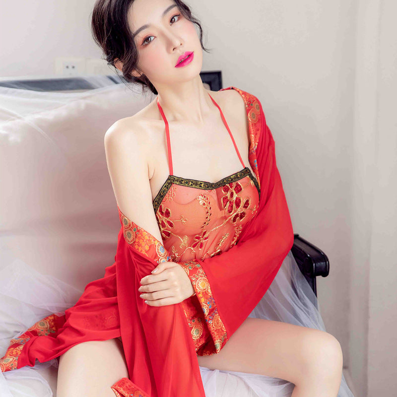 【組合款】唐裝外套配肚兜古典美女紅色透視肚兜情趣性感刺繡古裝