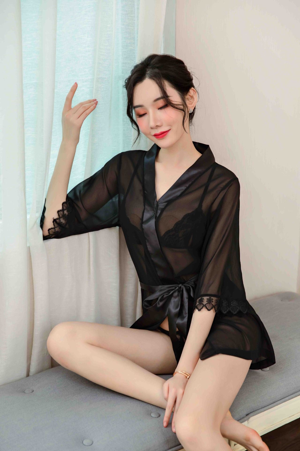 【A-1398】情趣內衣女性感透視性感開襠三點浴袍外套套裝