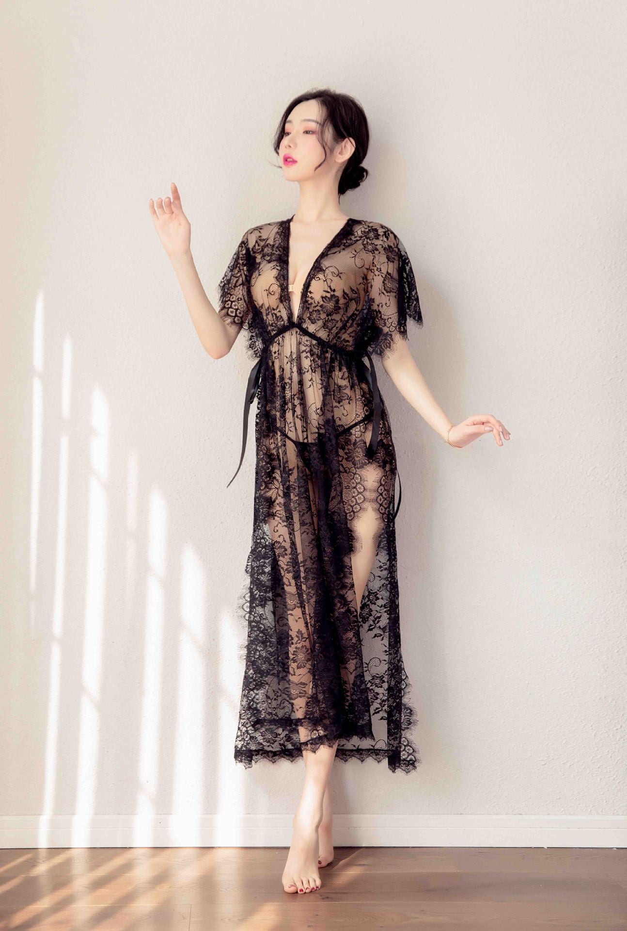 【A-1089】情趣內衣外貿歐美長款開叉黑色透視睫毛花邊蕾絲睡裙