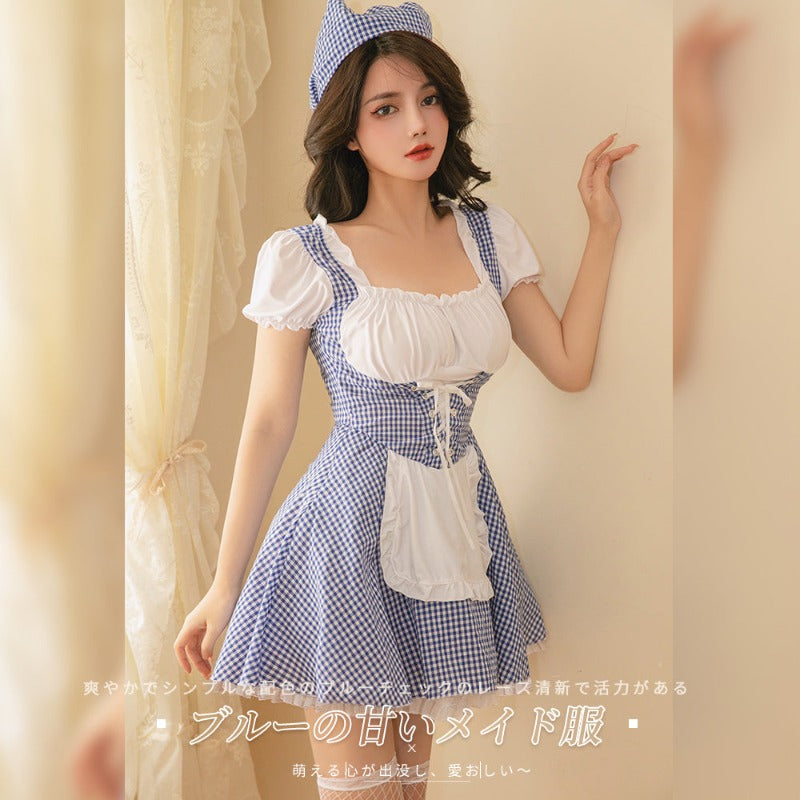 BT2449-情趣內衣甜美藍格女傭女僕裝系帶連衣裙制服
