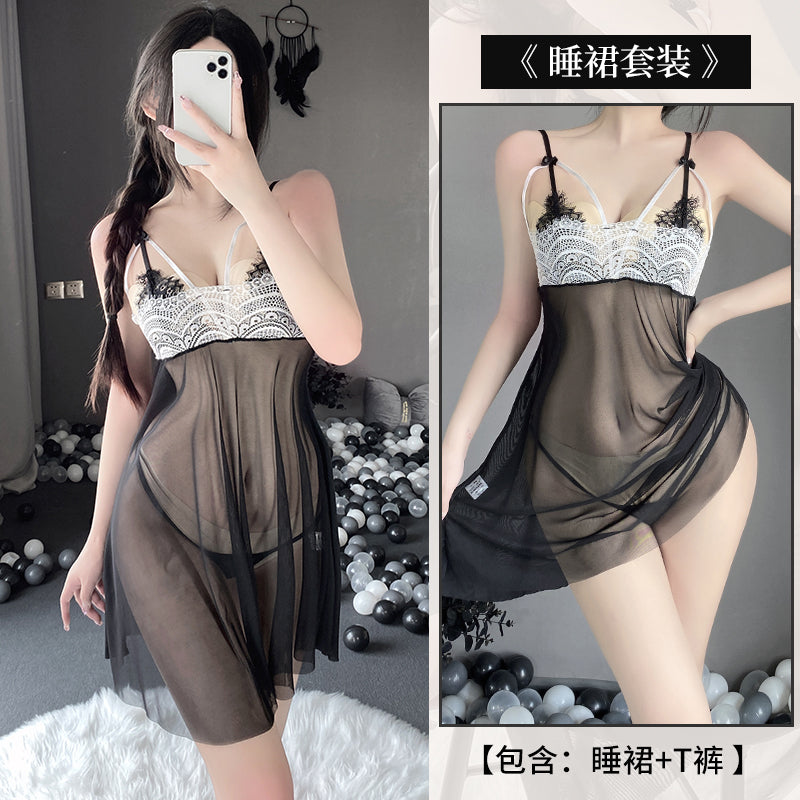 BS2592-性感蕾絲透視刺繡睡衣女私房吊帶睡裙家居服套裝