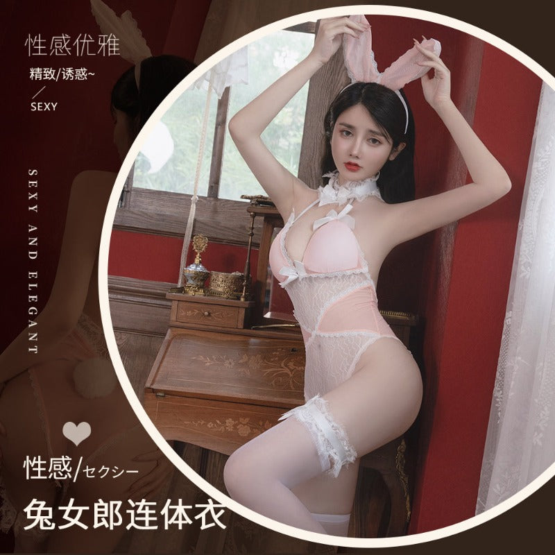 BT2433-情趣內衣性感甜美鏤空兔女郎開檔免脫連體衣制服套裝