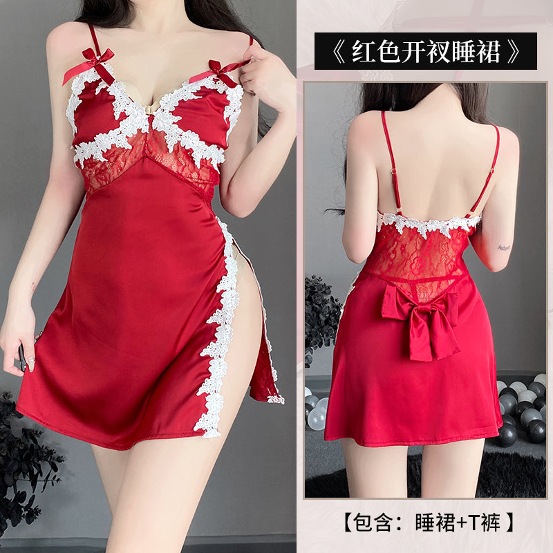 BS2533-薄款女式性感情趣內衣深V誘惑側邊開叉刺繡吊帶睡裙