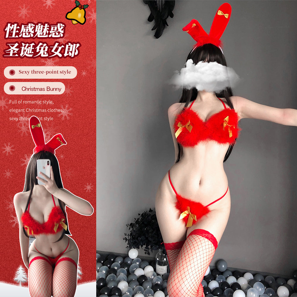 BT2418-情趣內衣制服誘惑性感文胸俏皮兔女郎髮箍聖誕三點套裝
