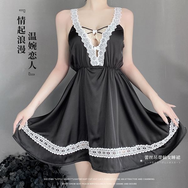 BS2554-情趣內衣女性感雪紡透視誘惑甜美荷葉邊吊帶睡裙套裝
