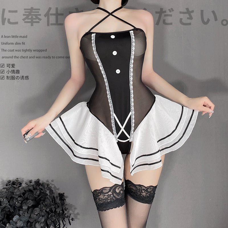BT2586-情趣內衣女僕女傭透視連體蕾絲誘惑套裝性感掛脖短裙