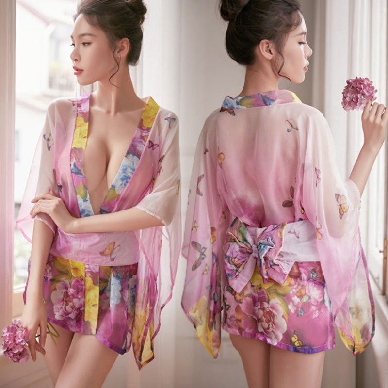 BT2213-情趣內衣透明蕾絲日式和服低胸網紗誘惑復古性感睡衣