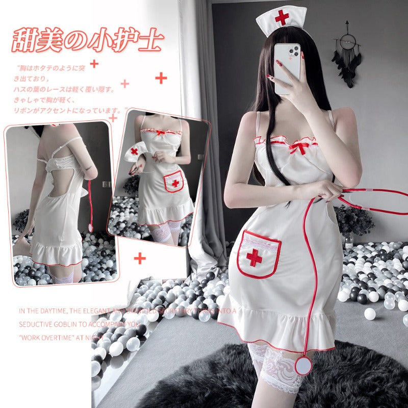 BT1322-情趣內衣護士裝制服誘惑透視深V領荷葉邊連體衣