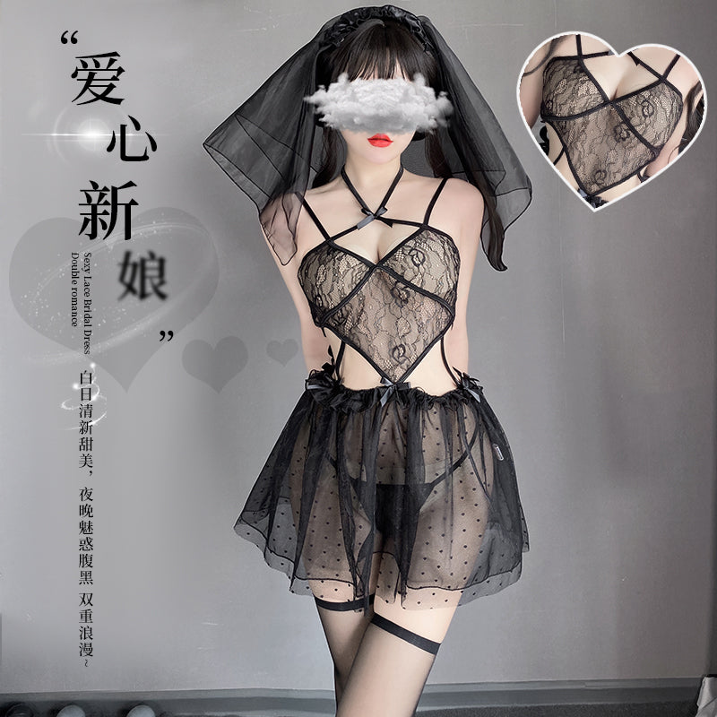 BT2548-情趣內衣網紗透視火辣小胸愛心新娘角色扮演誘惑套裝
