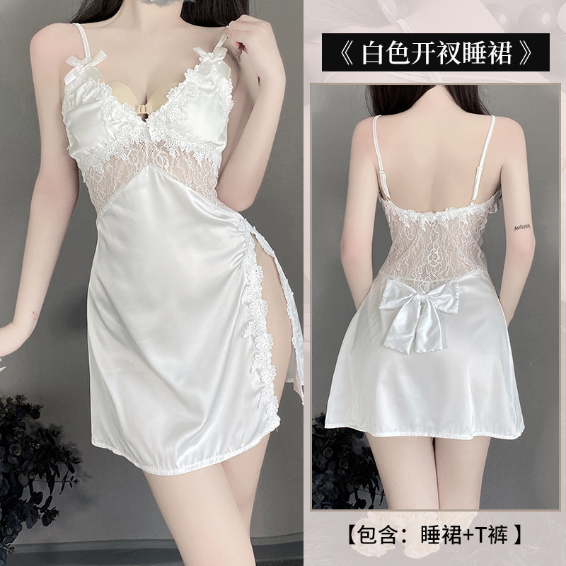 BS2533-薄款女式性感情趣內衣深V誘惑側邊開叉刺繡吊帶睡裙