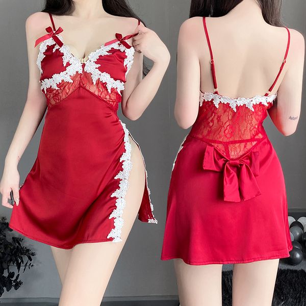 BS2533-薄款女式性感情趣內衣深V誘惑側邊開叉刺繡吊帶睡裙