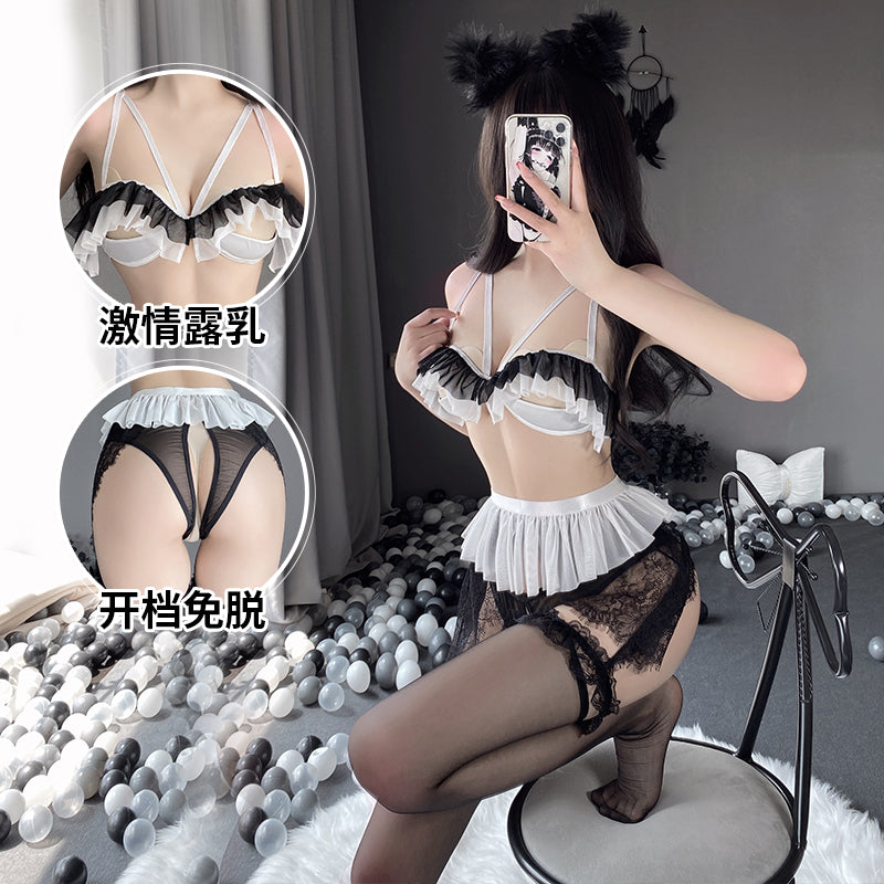 BT2564-情趣內衣性感荷葉邊露乳誘惑開檔免脫透明分體制服