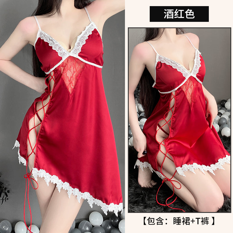 BS2534-性感蕾絲誘惑露背顯瘦睡衣開叉吊帶裙家居服