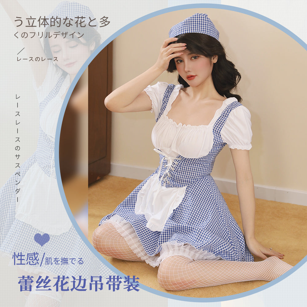 BT2449-情趣內衣甜美藍格女傭女僕裝系帶連衣裙制服
