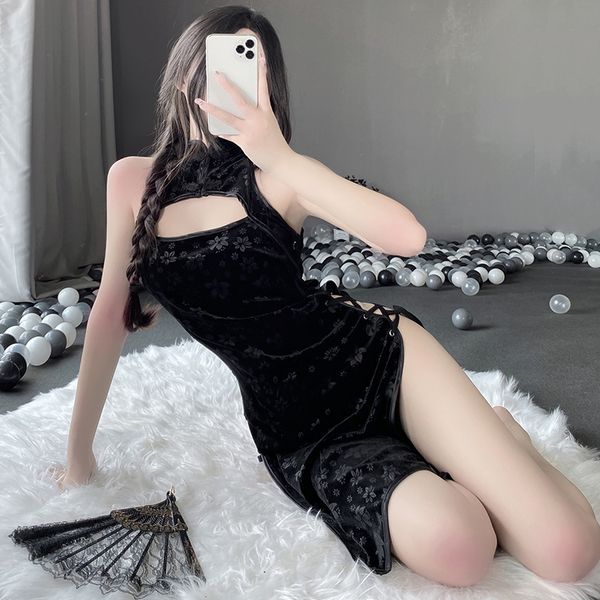 BT2374-情趣內衣性感復古絲絨修身睡裙側邊綁帶誘惑旗袍制服套裝