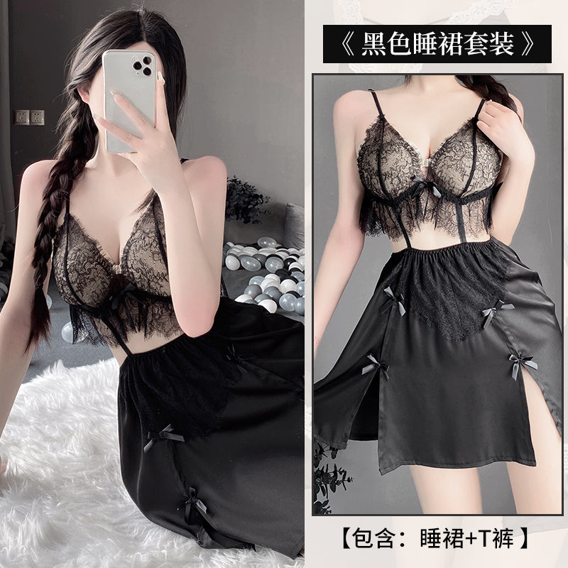 BS2561-新款女網紅吊帶裙性感深v蕾絲拼接緞面睡衣家居服套裝