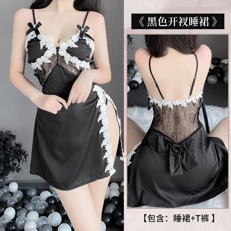 BS2533-薄款女式性感情趣內衣深V誘惑側邊開叉刺繡吊帶睡裙