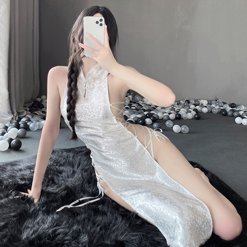 BT2384-情趣內衣復古盤扣性感誘惑綁帶高開叉提花緞旗袍睡裙女